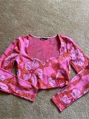 Zara Pink and Coral Floral Long-Sleeve Crop Top